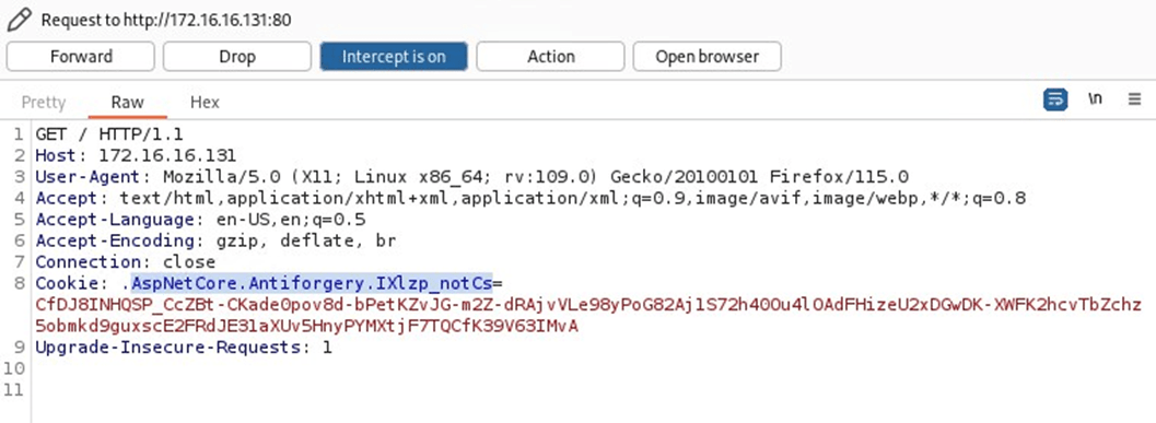 Figure 4: AspNetCore cookie identified after intercepting web requests with BurpSuite