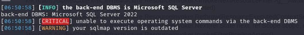 Figure 12: Sqlmap is unable to execute commands.
