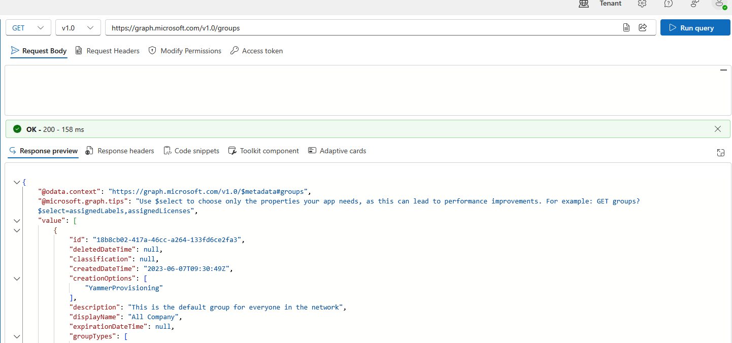 screenshot MS GraphExplorer